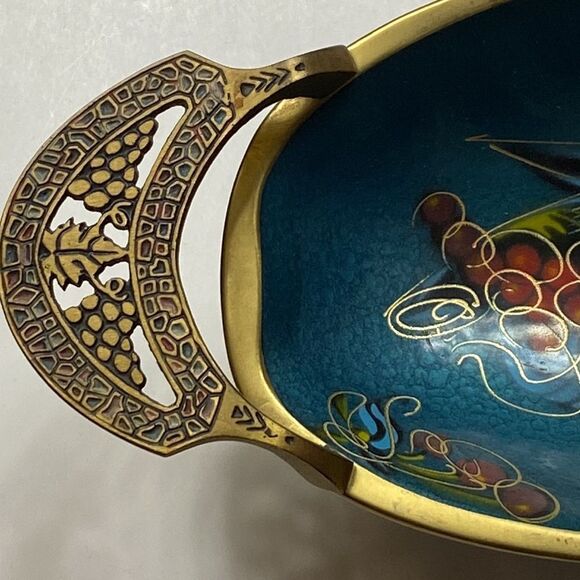 Vintage 1960 Enamel Judaica Teal Brass Fruit Bowl Display Plate Made In Israel - Picture 4 of 10